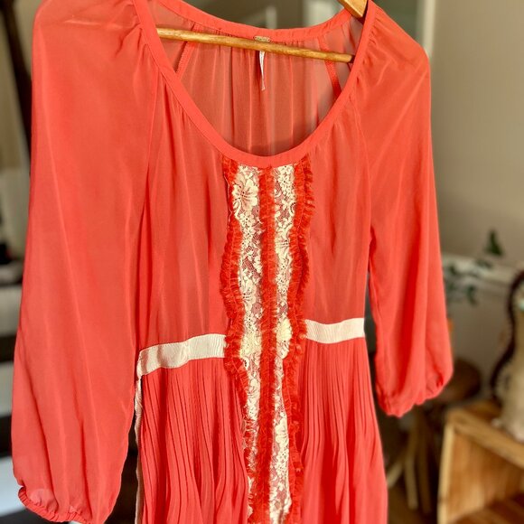 Free People Red Orange Sheer Chiffon Dress Lace Trim Ribbon Belt Womens Size 0 - Picture 5 of 16